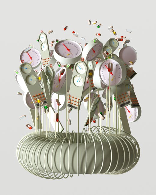 Illustrazione astratta di orologi e pillole, metafora visiva per GPS 2026 e opportunità di formazione continua con CFU master non conclusi.