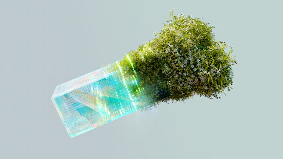 Concetto di sostenibilità digitale: chip tecnologico che germoglia in un rigoglioso cespuglio di fiori bianchi, simbolo di futuro verde.