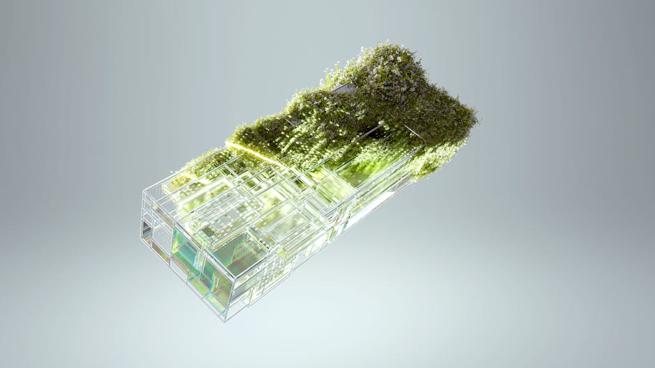 Struttura geometrica trasparente con vegetazione, simbolo di competenze green per un futuro sostenibile nel curriculum.
