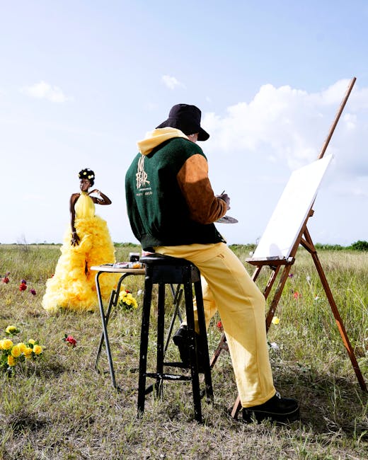 Uomo dipinge su tela all'aperto con modella in abito giallo sullo sfondo, ispirazione artistica e creatività letteraria