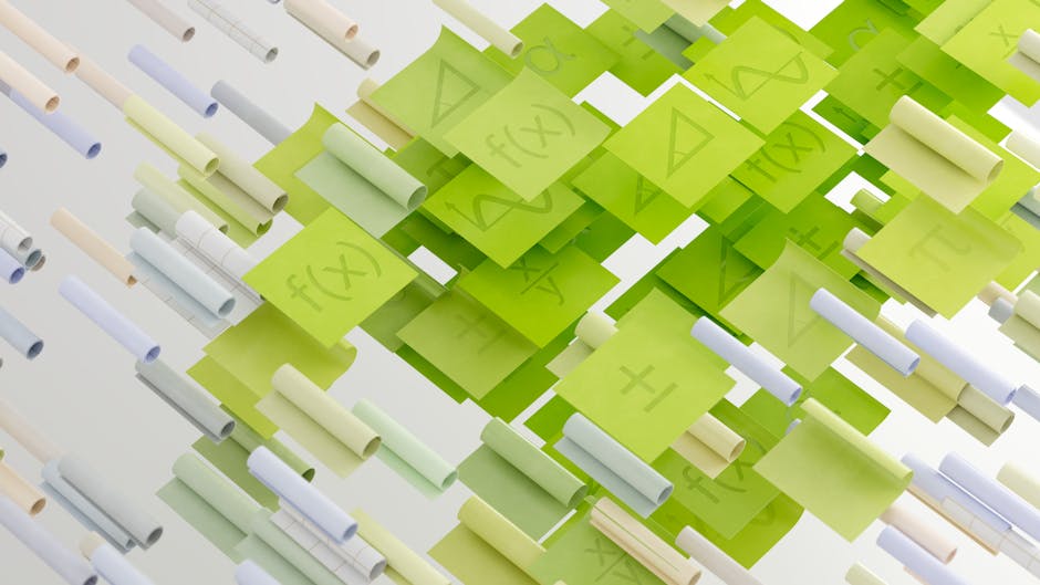 Post-it verdi con formule matematiche e rotoli di carta: visualizzazione astratta del concetto di progettazione per competenze educative.