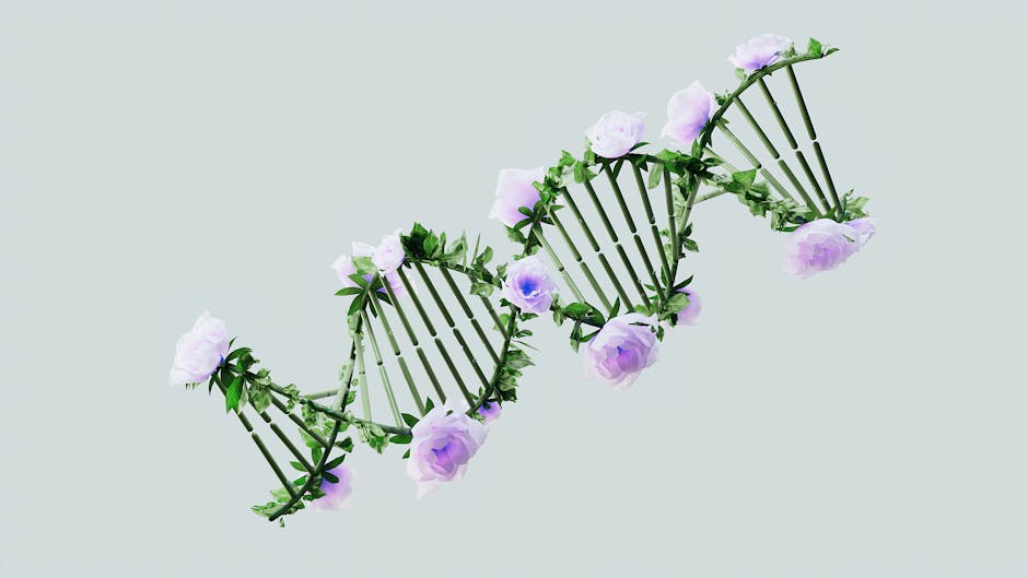 Struttura DNA stilizzata con fiori viola, metafora della crescita personale e dell'evoluzione attraverso l'apprendimento musicale.