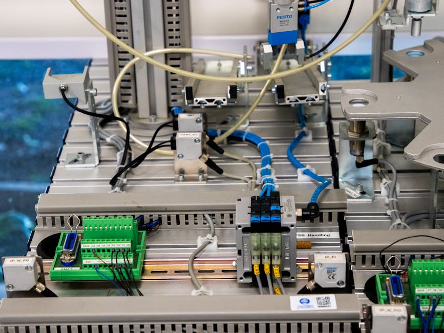 Dettaglio di un sistema automatizzato per storytelling digitale, componenti pneumatici e cablaggi complessi in laboratorio