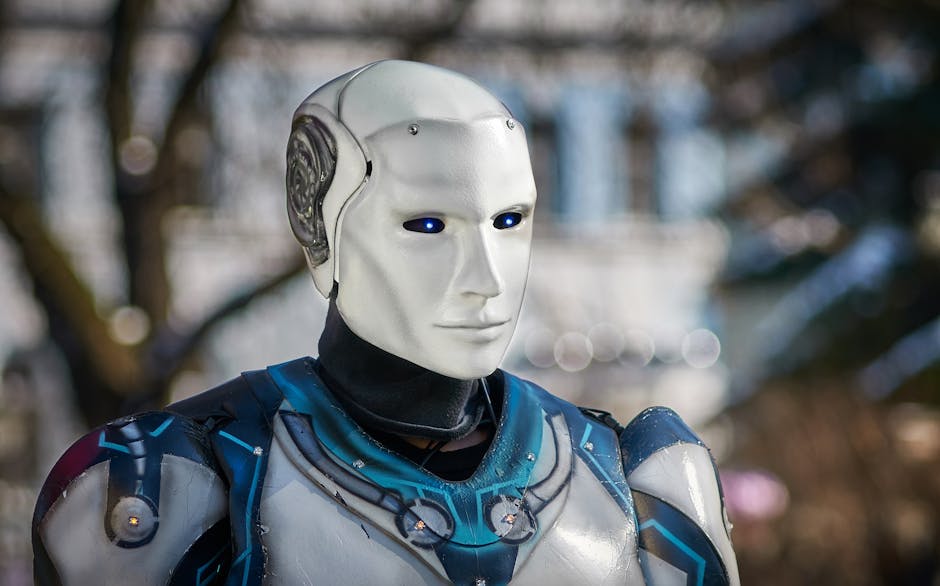 Robot con occhi blu che rappresenta l'intelligenza artificiale, tema dell'articolo su Valditara e il ruolo degli insegnanti.