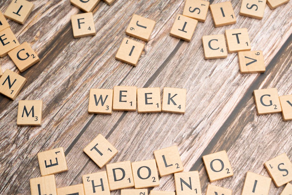 Riepilogo settimanale per docenti e personale ATA: parola WEEK formata con tessere di Scrabble su sfondo legno, focus su aggiornamenti e scadenze.