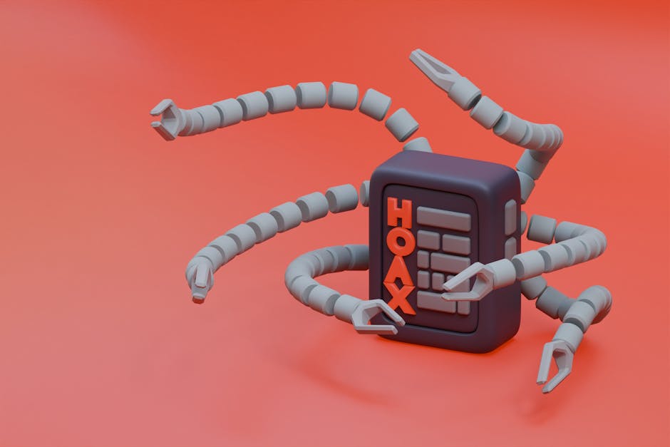 Illustrazione 3D di una cassaforte con la scritta HOAX e braccia robotiche, simbolo di disinformazione online e sicurezza dell'AI.