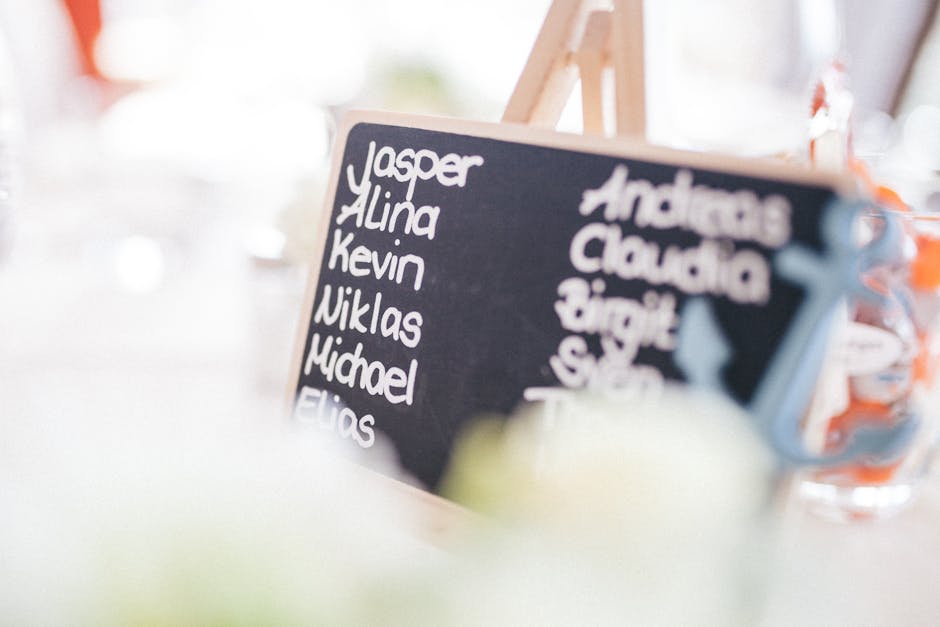 Lavagna con elenco nomi per accoglienza ospiti, approccio strategico senza nomi di persona, focus sull'organizzazione dell'evento.