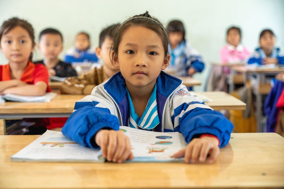 Bambina asiatica a scuola con libro aperto, esempio di inclusione e adattamenti ragionevoli per una partecipazione scolastica completa.