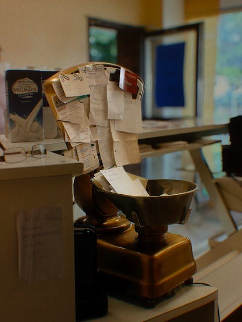 Bilancia vintage con scontrini e documenti: esempio di archivio disordinato prima del discarico inventariale, gestione documentale.