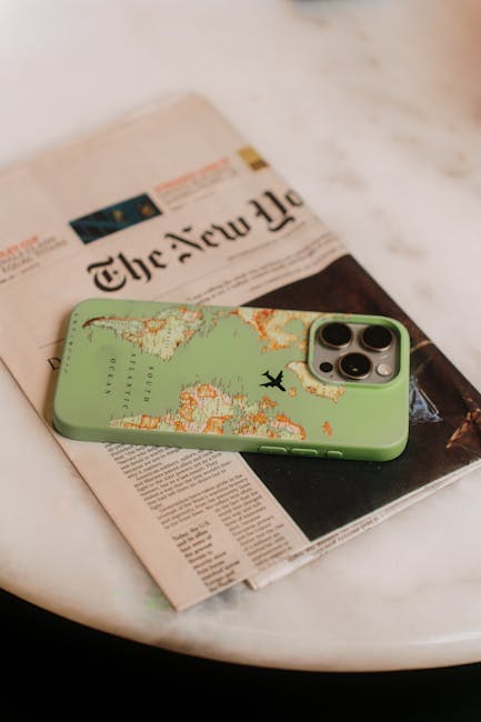 Smartphone con cover mappa del mondo su giornale The New York Times, metafora di aggiornamenti GPS graduatorie 2026.
