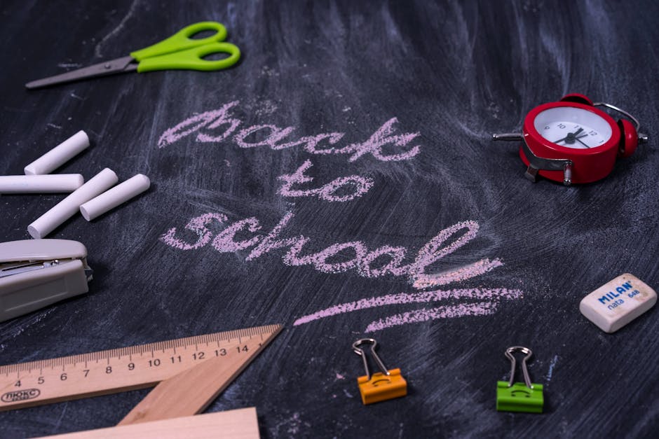 Lavagna con scritta Back to School, gesso, forbici e orologio per articolo su abilitazione docenti 2025/2026 SNALS-CONFSAL