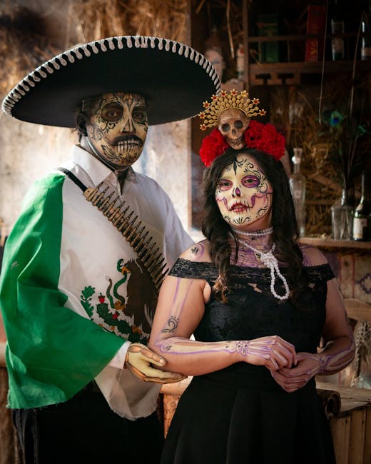 Coppia vestita per il Día de Muertos con trucco scheletrico e abiti tradizionali messicani in un'ambientazione festosa e colorata.