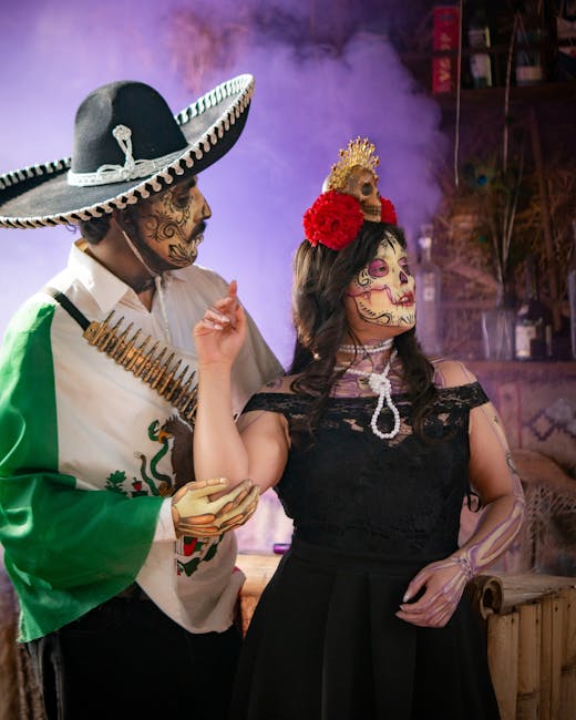 Celebrazione del Día de Muertos: coppia con trucco scheletrico e abiti tradizionali messicani, atmosfera festosa e colorata.