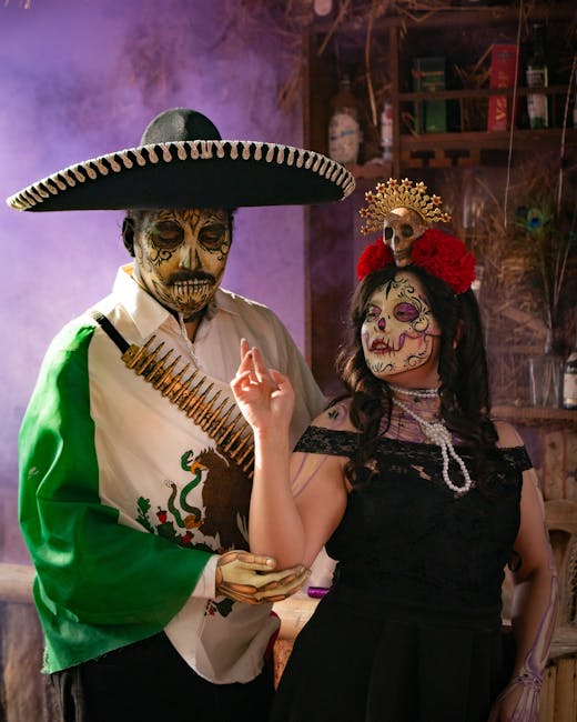 Coppia vestita per il Dia de los Muertos a Parma, celebrazione dei defunti con trucco scheletrico e abiti tradizionali messicani.