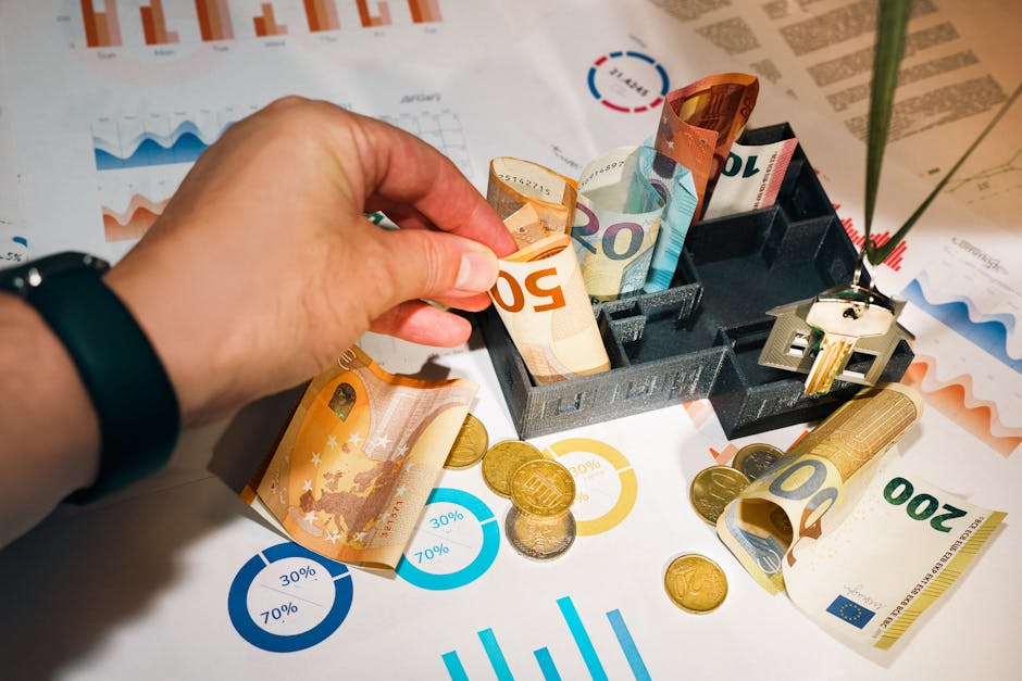Banconote euro, monete e grafici finanziari: comprendere il tasso di cambio per investimenti globali efficaci e sicuri.