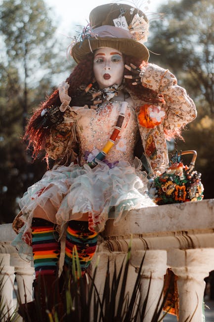 Cosplayer vestito da Cappellaio Matto di Alice nel Paese delle Meraviglie seduto su un muretto con teiera decorata e calze colorate.