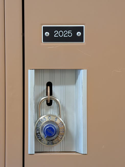 Armadietto scolastico con lucchetto e targhetta 2025, simbolo della scadenza per l'aggiornamento dati ARES e la sicurezza delle scuole.