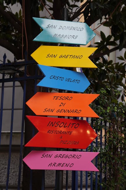 Indicazioni turistiche a Napoli: San Domenico, Cristo Velato Indicazioni colorate per San Domenico Maggiore, San Gaetano, Cristo Velato, Tesoro di San Gennaro e San Gregorio Armeno a Napoli.