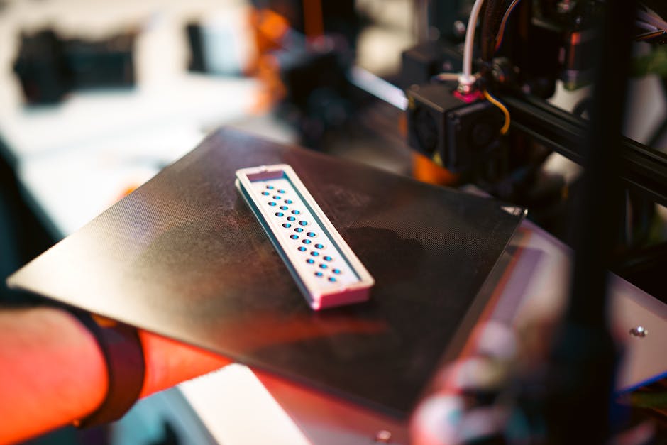 Stampa 3D in laboratorio studentesco: dettaglio oggetto con fori in fase di realizzazione su piattaforma stampante 3D.