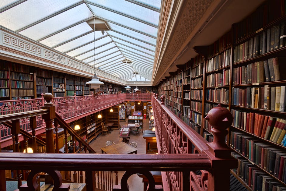 Interno di una biblioteca storica con scaffali pieni di libri, illuminata da una vetrata, che evoca l'apprendimento e la conoscenza.