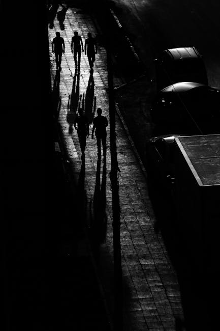 Figure geometriche umane: silhouette in cammino e ombre allungate su pavimentazione a motivi, esempio di traslazione e proiezione.