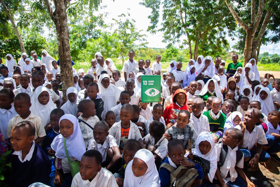 Gruppo di bambini africani con cartello SDG 13 Azione per il clima, impegno per un futuro sostenibile e gli Obiettivi di Sviluppo Sostenibile
