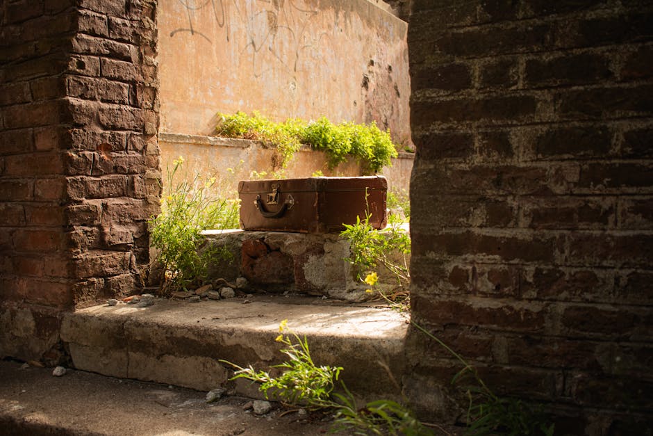 Valigia vintage su ruderi di mattoni, simbolo di viaggio nel tempo e tradizione arcaica, tra storia e natura in rovina.