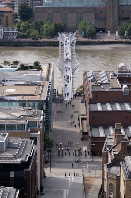 Millennium Bridge di Londra: percorso geodetico ottimale sul Tamigi, vista aerea del ponte pedonale e del paesaggio urbano circostante.