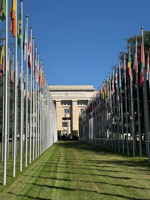 Palazzo delle Nazioni Unite a Ginevra con bandiere, simbolo della collaborazione internazionale e dei progetti europei