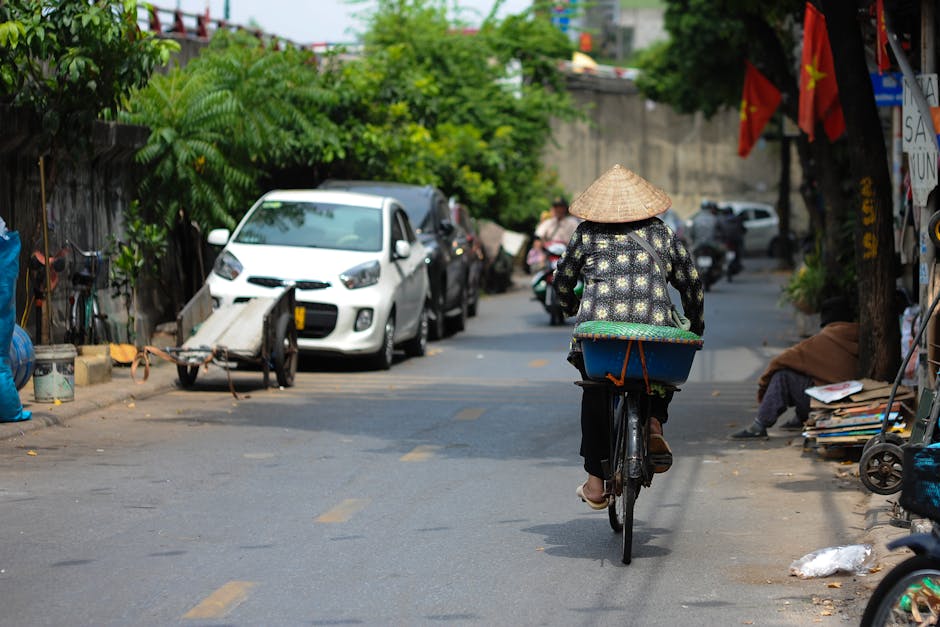 Venditrice ambulante in Vietnam su bicicletta, esempio di microeconomia e ciclo economico locale in un mercato emergente.