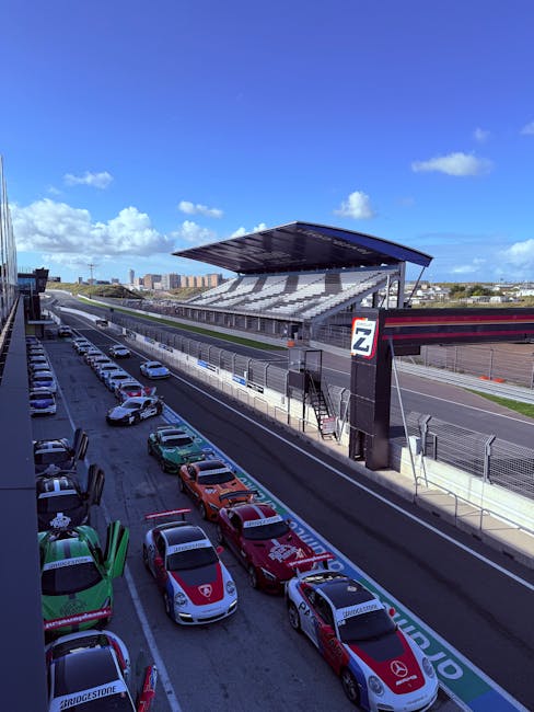 Calcolo velocità corsa: auto da corsa allineate sulla griglia di partenza di un circuito automobilistico professionale.