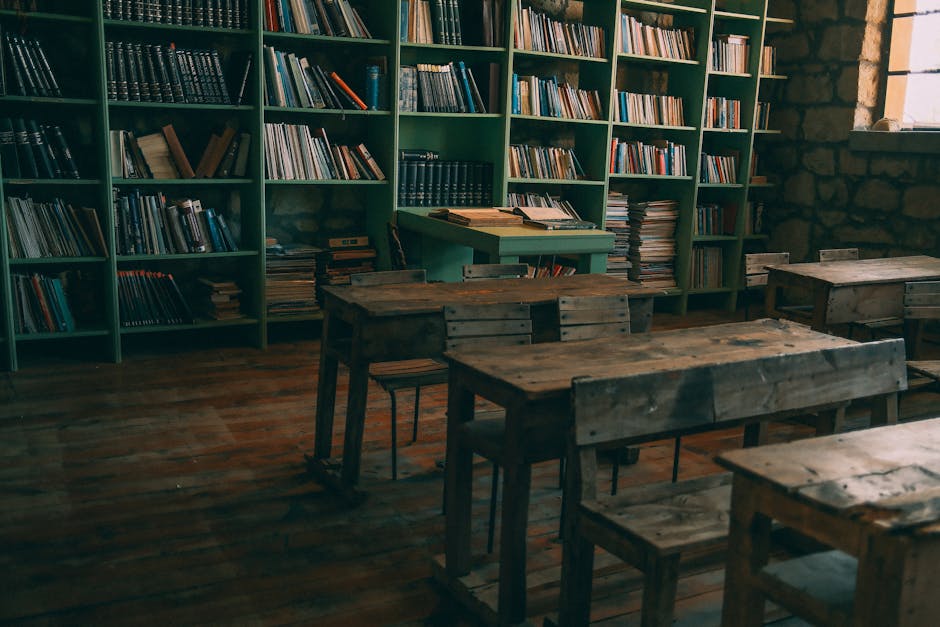 Vecchia aula scolastica con banchi in legno e libreria piena di libri, ideale per l'articolo sull'educazione civica e il libro di Stella.