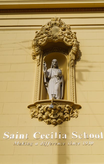 Statua di Gesù Cristo presso la Saint Cecilia School: un simbolo di fede e istruzione nel contesto del pluralismo religioso scolastico italiano.