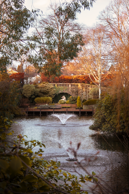 Fontana in un parco con un ponte ad arco e vegetazione autunnale