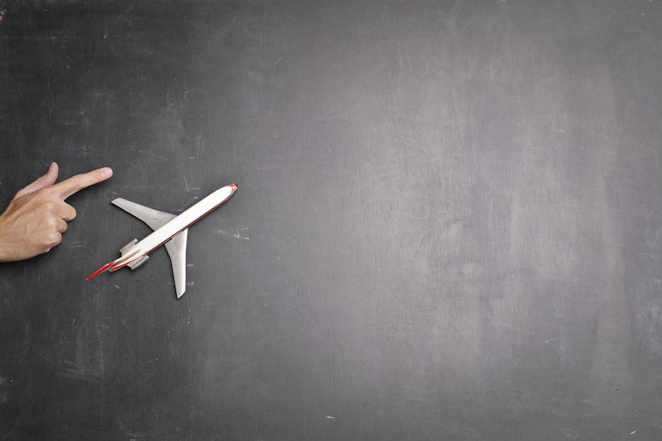 Aereo giocattolo su sfondo nero, mano indica la direzione. Illustrazione gara Consip per viaggi scolastici certificati.