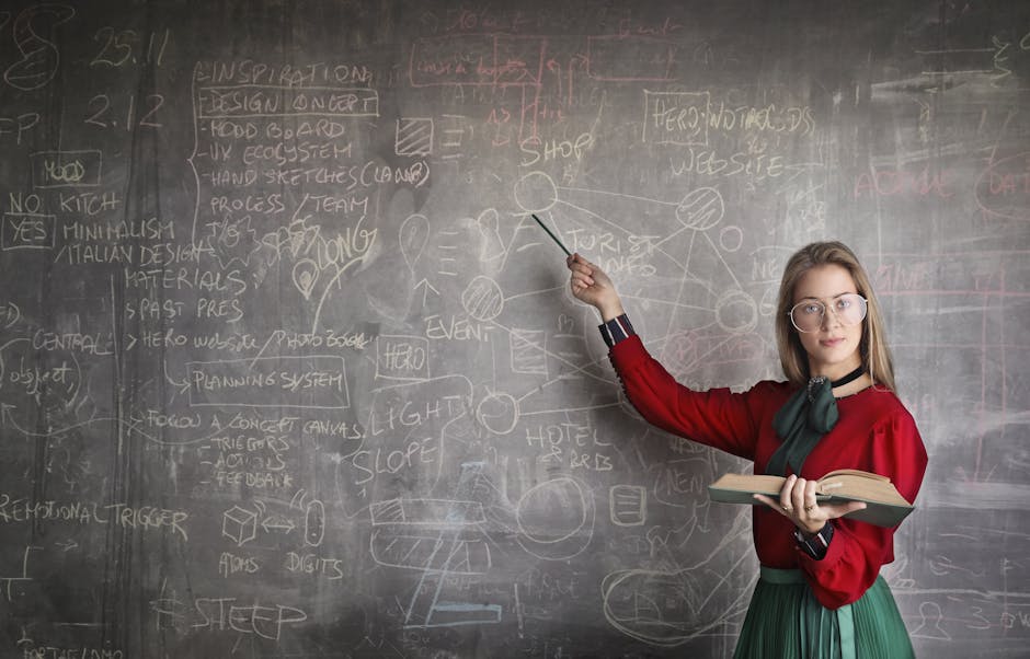 Insegnante spiega concetti alla lavagna: intelligenza artificiale e didattica innovativa per la scuola del futuro. Focus sull'apprendimento.