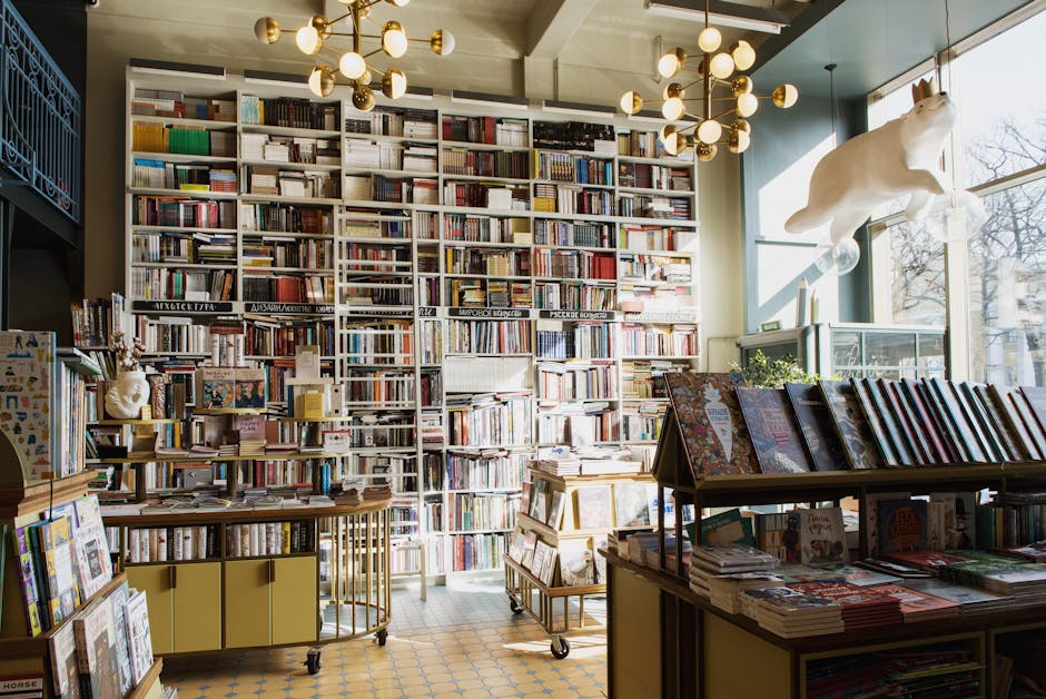 Libreria affollata con scaffali pieni di libri, illuminazione calda e orso polare decorativo, ideale per aspiranti scrittori e concorsi letterari.
