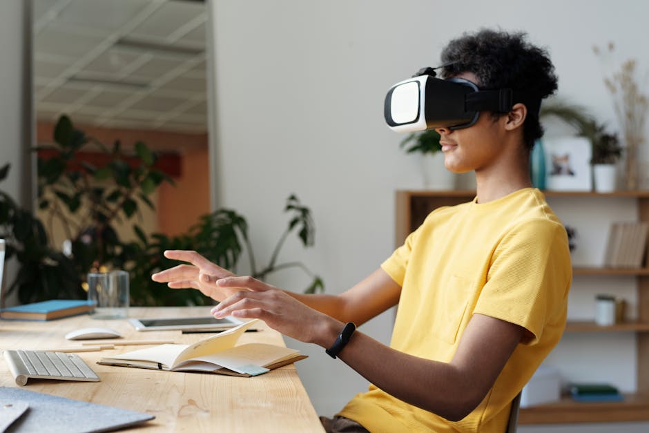 Studente con visore VR esplora ambienti virtuali per apprendimento immersivo, futuro della didattica online senza confini e interattiva