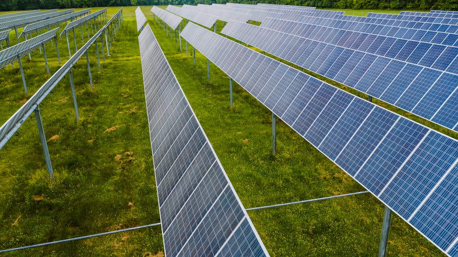 Impianto fotovoltaico in un campo verde, energia solare per lo sviluppo sostenibile e un futuro più verde e rispettoso dell'ambiente.