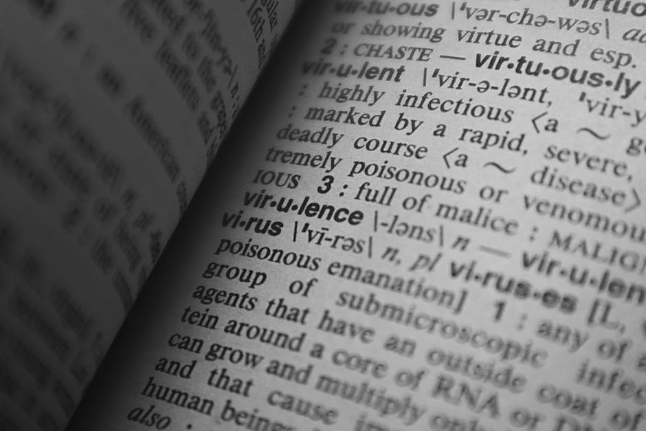 Dizionario aperto sulla parola 'virtue' e 'virus', metafora dell'importanza della lingua francese per l'insegnamento.