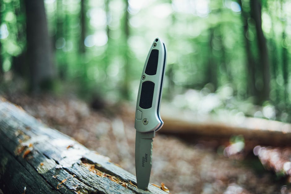 Coltello da sopravvivenza conficcato in un tronco nel bosco, strumento rudimentale per la creatività e l'autosufficienza in natura.