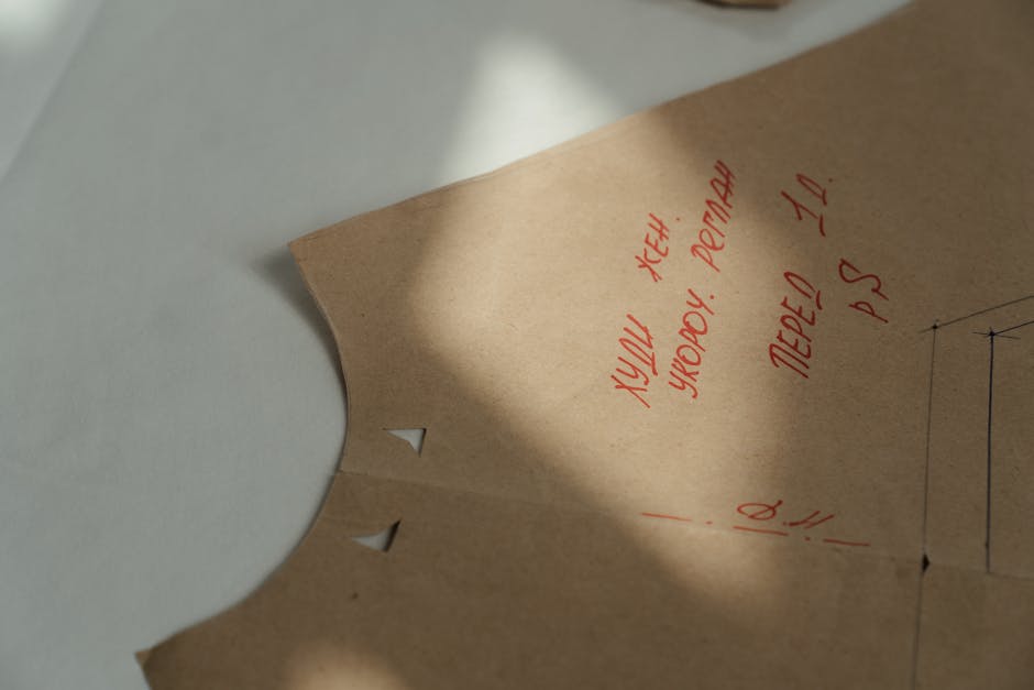 Modello di cucito con scritte in cirillico, esempio di materiali utili per il Bonus Materiale Scolastico 2025 per studenti di moda.