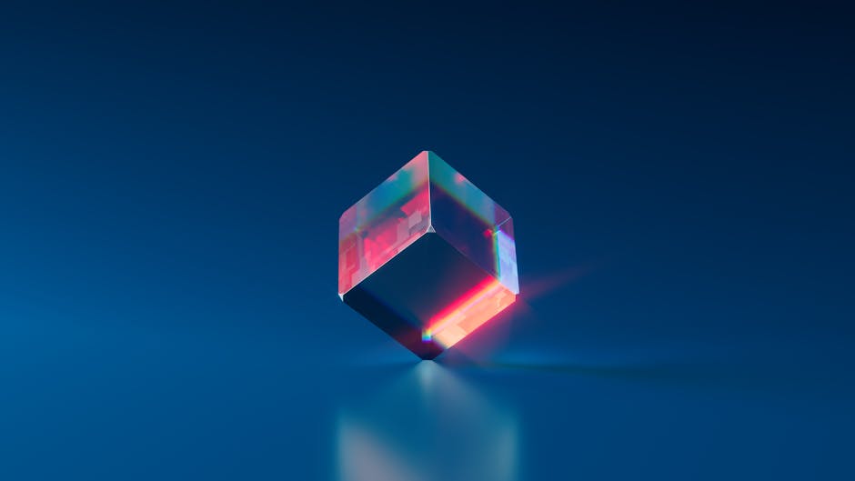 Cubo trasparente con riflessi colorati su sfondo blu, illustrazione per il calcolo del volume di un cubo e geometria solida.