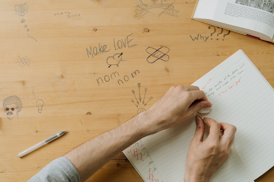 Studente che cancella appunti su un quaderno, tavolo con scarabocchi, metafora dell'uso di ChatGPT per semplificare lo studio.
