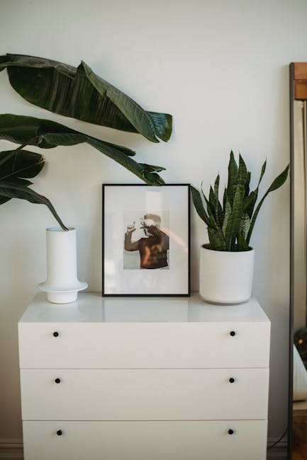 Arredamento scrivania stile nordico: comò bianco con piante e cornice, elementi decorativi per la stanza dei ragazzi.