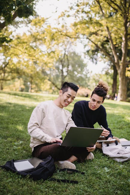Studenti al Parco Novi Sad di Modena lavorano a un progetto di cittadinanza attiva con un laptop sull'erba verde.