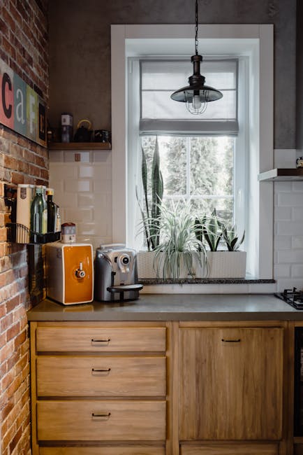 Cucina rustica con finestra e piante, elementi di design e illuminazione naturale, ideale per approfondimenti pratici sull'area del parallelogramma.
