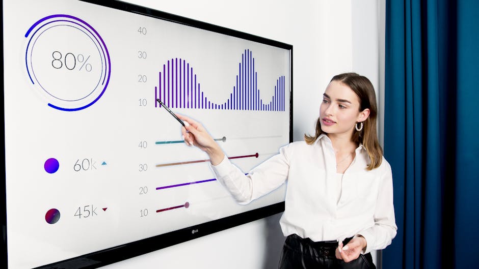 Donna che presenta grafici su schermo interattivo per materiali formativi accessibili e inclusivi. Dati visualizzati per l'apprendimento.