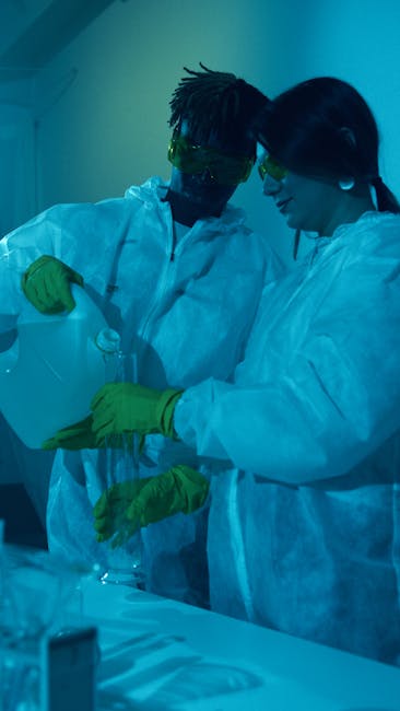Ricerca scientifica: calcolo area totale cilindro in laboratorio con scienziati e attrezzature protettive per esperimenti chimici.