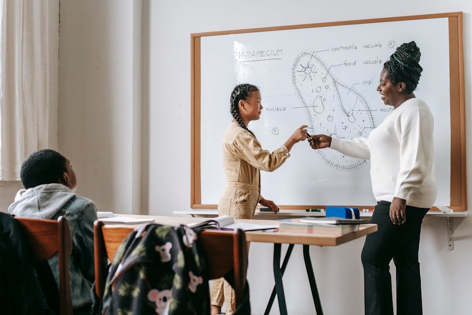 Insegnante spiega il paramecio alla lavagna: didattica differenziata per studenti con diversi stili di apprendimento e bisogni educativi.